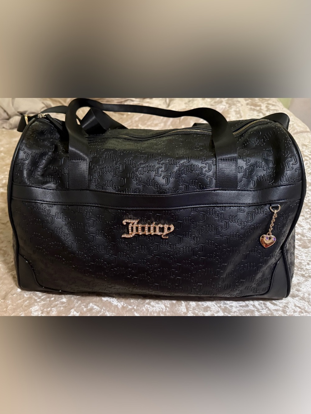 Juicy Couture Heartless Weekend Duffle Bag Black Embossed Gold tone Hardware